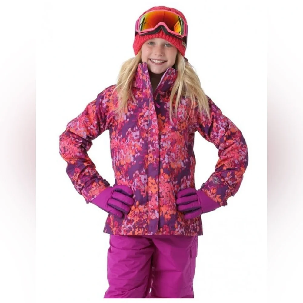 Columbia Kids Purple Floral Waterproof Coat with Pink & Orange Accents - Picture 1 of 14